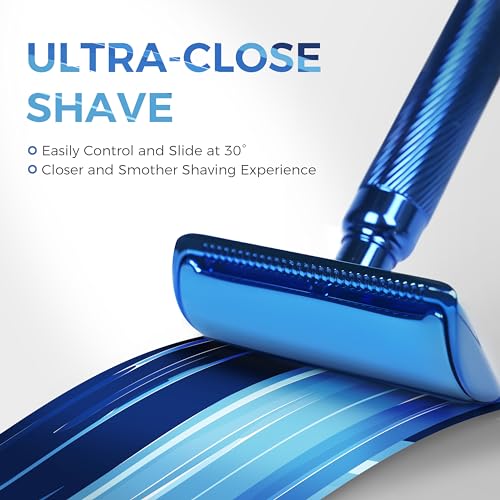 ZOMCHI Double Edge Safety Razor for Men & Women, [New Version 2.0 ] Metal Razor with 10 Double Edge Safety Razor Blades, Single Blade Razor ? Noble Blue