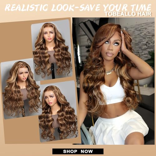 Ombre Lace Front Wig Human Hair 13x6 Body Wave HD Lace Front Wigs Human Hair Pre Plucked Honey Blonde Highlight HD Lace Frontal Wig 13x6 200 Density Colored 24 Inch
