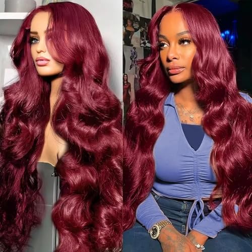 30 Inch 99j Burgundy Lace Front Wigs Human Hair 13x4 HD Red Burgundy Body Wave Wig Human Hair 200 Density Body Wave Lace Front Wigs Human hair Pre Plucked Glueless Frontal Wigs Human Hair for Women