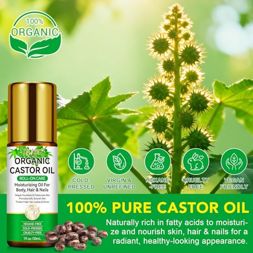 Castor Oil Roll On for Belly, Face, Under Eyes, Body Skin and Hair - 100% Pure Hexane Free Cold Pressed Organic Castor Oil Roller, Easy Application and Absorb - 1fl.oz