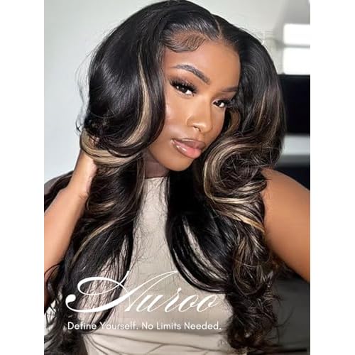 Black With Platinum Blond Highlight Bundles and 2x6 HD Lace Closure Body Wave Human Hair, 12A Balayage Ombre Skunk Stripe 3 Bundle With Long Deep Part Natural Black 2x6 Kim K Closure 12 14 16+10