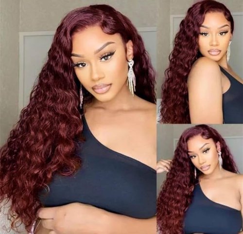 REMY HAIR Human Hair Bundles Red Deep Wave Bundles Colored #99j Burgundy Deep Weave One Bundle 14 Inch Brazilian Virgin Human Hair Extensions for Black Women