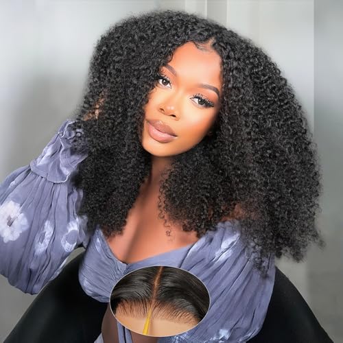 Kinkycurly Wig Human Hair 200 Density HD Lace 9x6 Afro Kinky Curly Ready to Wear Glueless Wigs Human Hair Pre Plucked Pre Cut Deep Parting Closure Wigs Glueless Wig for Black Women 18 Inch