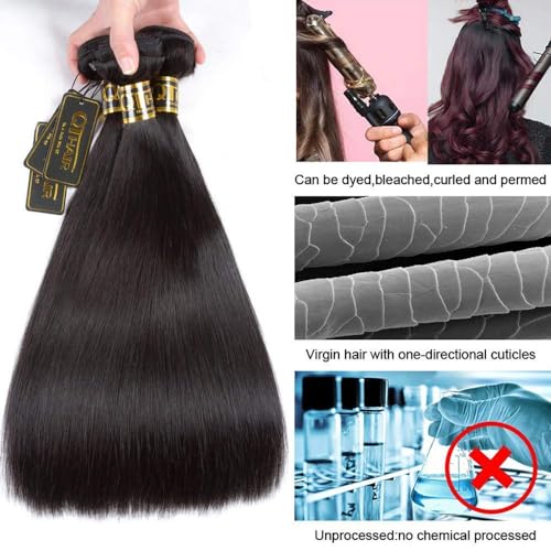 QTHAIR 16A Virgin Hair Brazilian Straight Hair Bundles with 4X4Lace Closure (12'' 14'' 16''+10'') 100% Unprocessed Straight Brazilian Virgin Hair Weave Natural Color