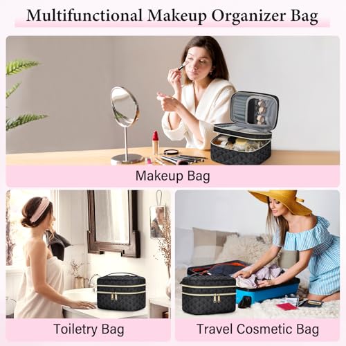 IGOLUMON Travel Makeup Bag Double Layer Make Up Bag Portable Large Cosmetic Bag Wide-open Toiletry Bag for Women Roomy Cosmetic Case Pouch Multifunction Organizer Storage Bag, Black