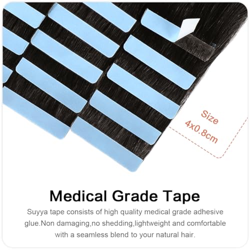 SUYYA Invisible Tape in Hair Extensions Human Hair Natural Black Seamless Injected Hand-Tied Pro Quality Virgin Human Hair 20PCS 40G/Pack Straight Tape Ins(14 inch #1B Off Black)