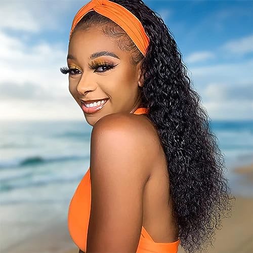 JCL Curly Headband Wig Human Hair 180% Density 18 Inch Wigs Natural Color Human Hair Wigs for Black Women Human Hair Deep Wave None Lace Front Wigs Human Hair