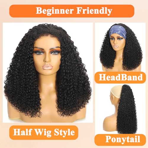 Half Wig Human Hair Water Wave Half Wig 3 In 1 Glueless Wigs Seamless Flip Over with Drawstring Curly Half Wig Human Hair for Women Invisible Hairline Wear Go Beginner Friendly Natural Black 24 Inch