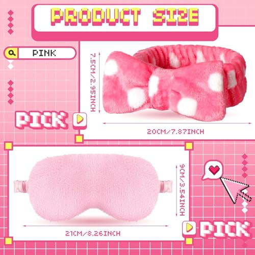Newcotte Sleepover Party Supplies for Girls, 24 Pcs Includes Plush Sleep Eye Mask and Bow Hair Band, Fur Face Wash Headband Faux Fur Mask for Women (Cute Style)