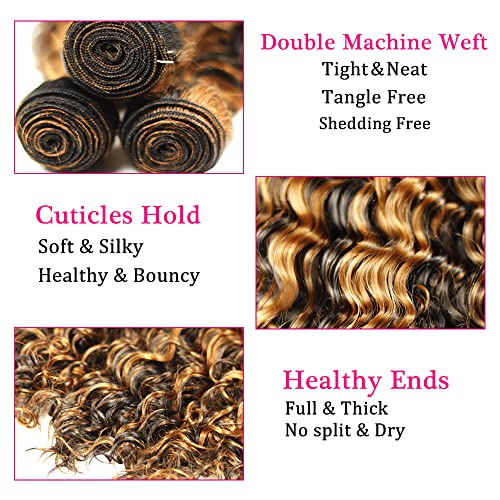 P1B/30 Human Hair Bundles Highlight Deep Wave Human Hair Bundles Brown Deep Wave Bundles Brazilian Unprocessed Virgin Hair 3 Bundles 26 28 30 Inch Two Tone Black Mixed With Brown Bundles