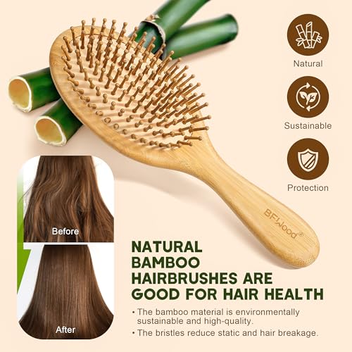 BFWood Bamboo Hair Brush for Hair Growth, Natural Wooden Brush and Detangle Tail Comb Set, Paddle Hairbrush for Massaging Scalp, for Women & Men