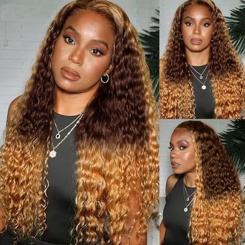 250% Density 13x6 Highlight Ombre Lace Front Wig Human Hair 13x6 HD Honey Blonde 4/27 Curly Wig Human Hair Pre Plucked For Black Woman Deep Wave Lace Front Wigs Human Hair Colored Wigs 22Inch New