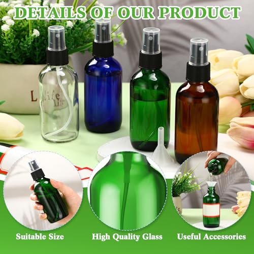 Fumete 36 Pcs Glass Spray Bottles 4oz Fine Mist Glass Spray Bottle Refillable Liquid Containers with 6 Labels 6 Funnel for Hair Travel Plants Cleaning Solutions Skin Care(Multicolor,Classic)