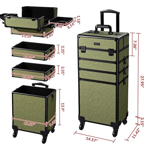 BYOOTIQUE 4in1 Cosmetology Cases on Wheels Rolling Makeup Organizer Cart Professional Nail Tech Storage Hairdressing Brush Bags for Nail Artist Beauty Barber Salon Hairstylist,Rococo Moss
