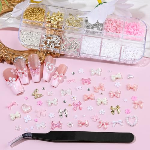 2 Boxes 3D Bow Nail Charms and Gems, Pink White Bows Flowers Heart Petals Nail Art Charms Gold Silver Alloy Bowknot Butterfly for Nails Flatback Pearls Rhinestones Caviar Beads for Women Nail Design