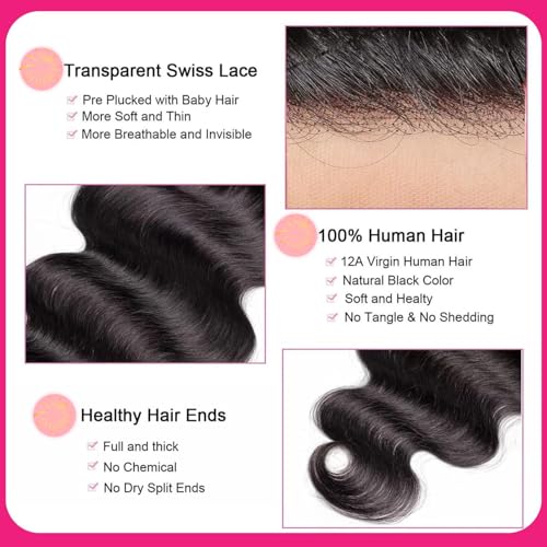 2x6 Hd Lace Closure Human Hair Body Wave Middle part 2 by 6 Invisible Skinlike Frontal Hd Lace Closure 18 Inch Brazilian Virgin Closure Bleached Knot Pre-Plucked Natural Hairline Natural Black 18inch