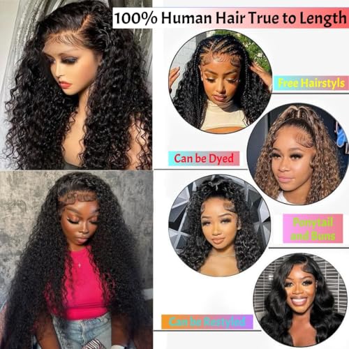 Deep Wave Lace Front Wigs Human Hair 13x6 HD Lace Front Wigs for Black Women 34 Inch Curly Frontal Wig Pre plucked Wet and Wavy Glueless Wig with Baby Hair 180% Density Natural Color