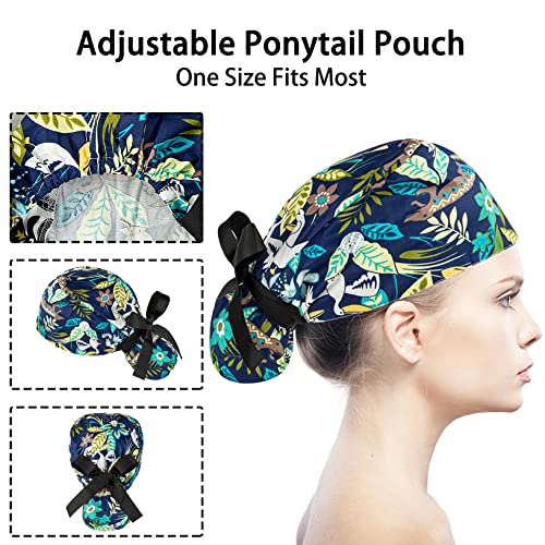Scrub Caps Women Bouffant Scrub Hats Caps Nurses, Adjustable Working Cap Ponytail Pouch Tie Back Hats