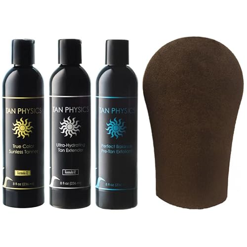 Tan Physics True Color Sunless Tanner, Exfoliator & Tan Extender 8oz with Tanning Mitt ? Self-Tanning Lotion ? Streak-Free, Natural Glow ? Long-Lasting, Fast-Absorbing Formula