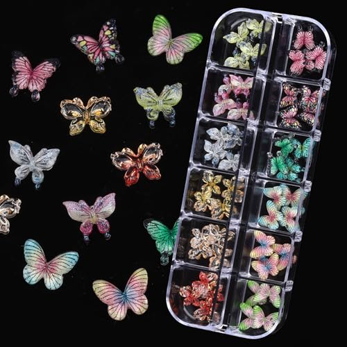 Nail Charms, Multi Shape Nail Rhinestones Kit 3D Multi Shape Nail Gems Colorful Butterfly Flowers Nail Crystals Flat Back Nail Pearls for Nail Art Supplies DIY Accessories 6 Boxes