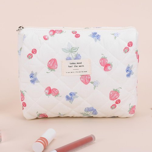 Quilted Makeup Bag Set 3 Pcs Cute Strawberry Makeup Bags For Women Large Aesthetic Floral Cosmetic Bag Coquette Cotton Makeup Pouch