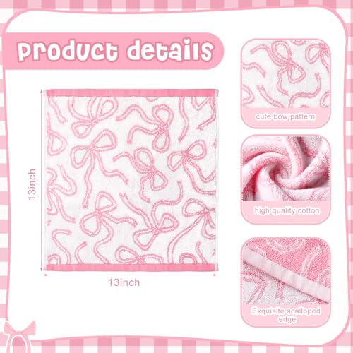 6 Pcs Pink Bow Washcloths 100% Cotton Wash Cloths 13" x 13" Coquette Small Face Towels Absorbent Soft Hand Bath Towels for Bathroom, Spa, Kitchen Drying Cleaning (Classic Style)