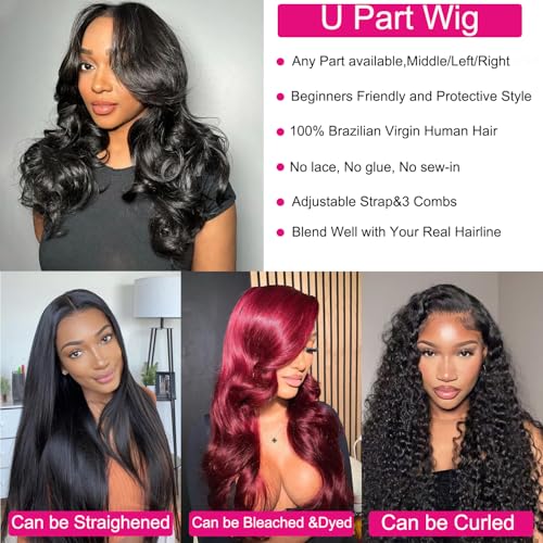 U Part Human Hair Wig Body Wave U Part Wig Human Hair for Black Women Glueless Wigs Human Hair Clip Natural Hair Wig Beginner Friendly Middle Part 180% Density 26inch
