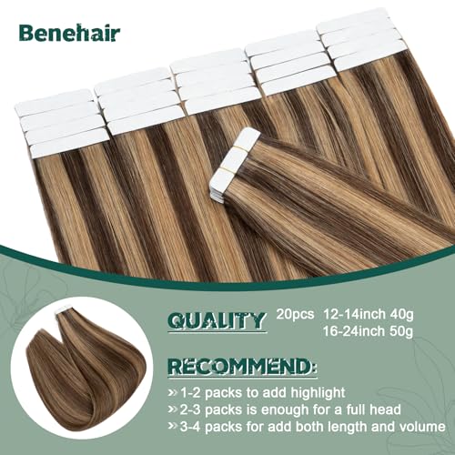 Benehair Remy Tape in Hair Extensions Human Hair Medium Brown&Dark Blonde Seamless Skin Weft Tape in Real Human Hair Extensions Straight Hair 24 Inch 100g #4P27 40pcs