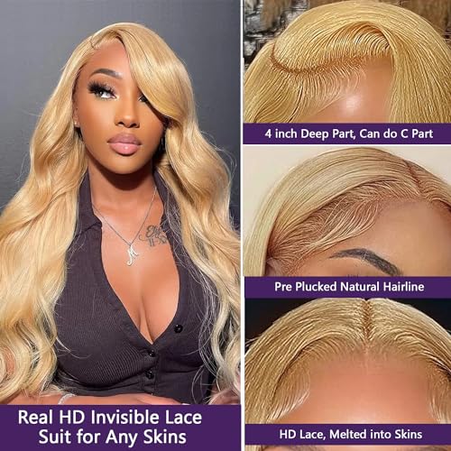 Ubetta Honey Blonde Wig Human Hair, Body Wave Honey Blonde Lace Front Wig Human Hair, 22 Inch Glueless 13x4 HD Lace Frontal Wigs Human Hair Pre Plucked 180% Density Lace Frontal Wigs for Black Women