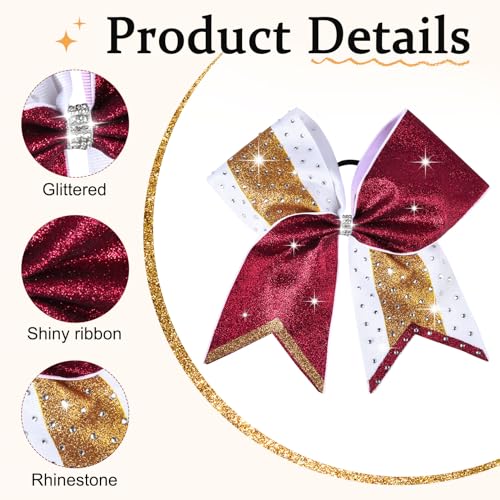 8 PCS Large Glitter Cheer Bows 8" Rhinestones Hair Bows Sparkly Cheerleading Softball Team Bow Hair Ponytail Holder Accessories for cheerleaders football Competition Sports- Maroon Gold