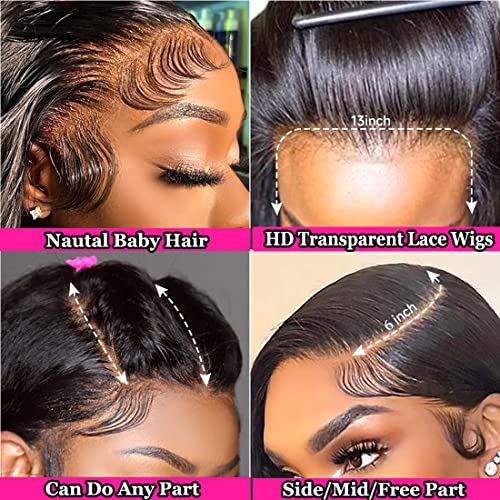 13x6 Straight Lace Front Wigs Human Hair 28 Inch HD Transparent Lace Frontal Wigs Pre Plucked with Baby Hair 200 Density100% Human Hair for Black Women Natural Color