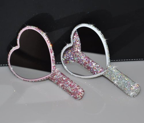 Wowagoga Sparkling Rhinestone Heart Shaped Handheld Mirror Heart Mirror Cosmetic Hand Mirror with Handle Cute Hand Mirror for Women Girls(White)