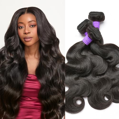 Luvme Body Wave 3 Bundles Human Hair, 22 24 26 Inch 100% Real Brazilian Virgin Human Hair, Natural Black Weave Extensions, Soft and Full Human Hair Bundles for Quick Weave & Sew In