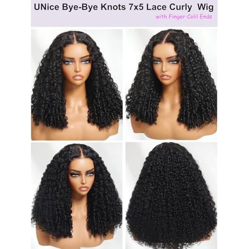 UNICE Curly Human Hair Wig with Finger Coil Ends Bye Bye Knots 7x5 Lace Glueless Wigs Human Hair Pre Plucked Pre Cut Bleached Knots Natural Hairline 150% Density 18 inch
