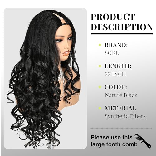 SOKU Long Curly V Part Wig 22 Inch Natural Black Curly Half Wig Upgrade U Part Synthetic Hair Daily Wigs Ready to Wear Glueless for Black Women
