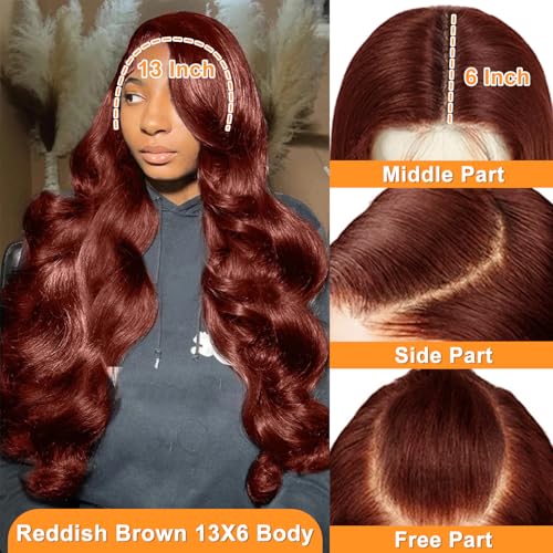 30 Inch Reddish Brown Lace Front Wigs Human Hair 13x6 Body Wave Lace Front Wig 180% Density #33 Glueless Wigs Human Hair with Baby Hair Pre Plucked