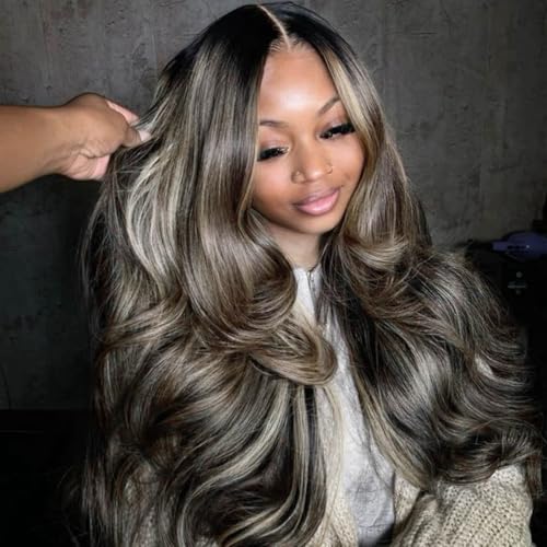 Rina Upgrade Black with Brown Blonde Highlight Wig Human Hair 210% Density 13x4 HD Body Wave Luxury Balayage Blonde Highlight Wig 12A Grade Raw Hair Pre Plucked Ombre Lace Front Wig for Women 26 Inch