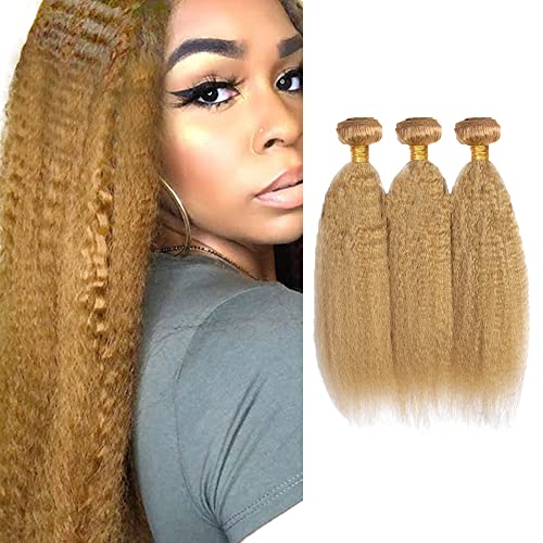 #27 Blonde Bundles Human Hair Yaki Straight Bundles 30 30 30 Inch 3 Bundle Unprocessed Brazilian Virgin Hair Honey Blonde Kinky Straight Human Hair Extensions 50 Gram Per Bundle