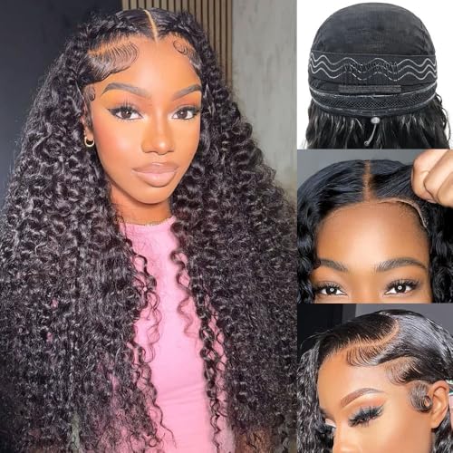 Hidden Strap Deep Wave 5x5 HD Lace Closure Wigs Human Hair Invisible Strap Bleached Konts Glueless Wigs Human Hair Pre Plucked Pre Cut 180% Denisty Deep Wave Closure Wigs with Drawstring 24 inch