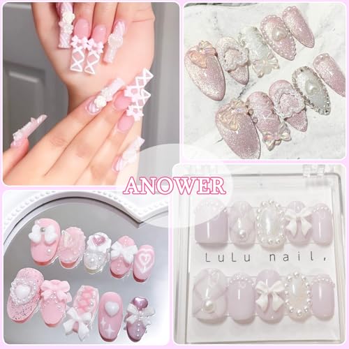 2 Boxes 3D Nail Charms Set, 8 Colors Nail Bows Charms, Multi Color Bow Flower Butterfly Moon Heart Pearls Acrylic Nail Art Charms, Nail Charms and Gems, Nail Art Pearl Rhinestones for Nail Art DIY