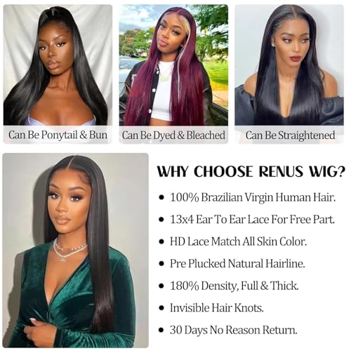 Straight Lace Front Wigs Pre Plucked Baby Hair 180 Density 13x4 HD Lace Frontal Wigs Brazilian Virgin Human Hair Wigs for Women Natural Color 28 Inch