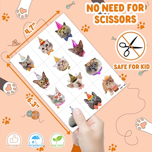 96 PCS Cat Cats Pet Pre-Cut Temporary Tattoos for Kids | Super Cute Themed Birthday Party Favors, Supplies, Decorations, Animal Paw Fake Tattoo Stickers Gifts for Boys Girls Rewards