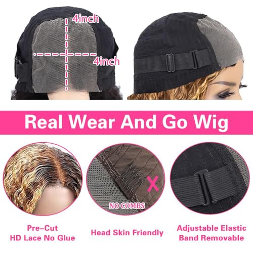 26inch Wear and Go Glueless Deep Wave 4/27 Highlight HD Transparent Lace Front Wigs Human Hair Wet and Wavy Curly Lace Frontal Wigs Pre Plucked with Baby Hair 200% Density