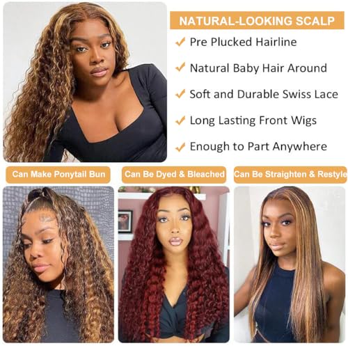 Ombre Lace Front Wig Human Hair 13x4 HD Transparent Deep Wave for Women 180% Density 4/27 Honey Blonde Colored Highlight Curly Glueless Wigs 22Inch Pre Plucked with Baby Hair
