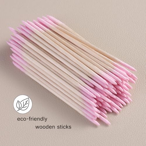 200pcs Pointed Tip Cotton Swabs, Pink Double-head Precision Microblading Cotton Swabs with Wooden Sticks Nail Polish Remover Pen Touch Up Disposable Makeup Applicators Beauty Tools