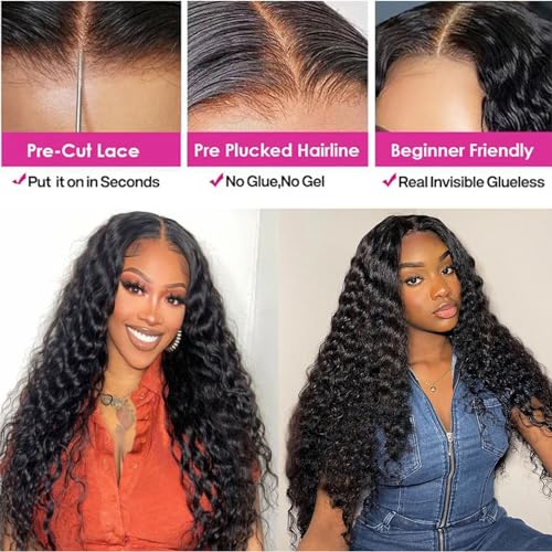 Glueless Wigs Human Hair Pre Plucked Pre Cut 5x5 Hd Lace Closure Wear and Go Deep Wave Curly Lace Front Wigs for Black Women Wet and Wavy Natural Hairline (32 Inch)