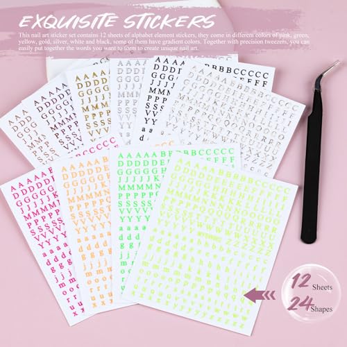 12 Sheets Alphabet Nail Art Stickers 3D Black White Gold Nail Letter Stickers Large Small Self-Adhesive English Nail Decals Manicure Accessories for Women Girls DIY Nail Art Design