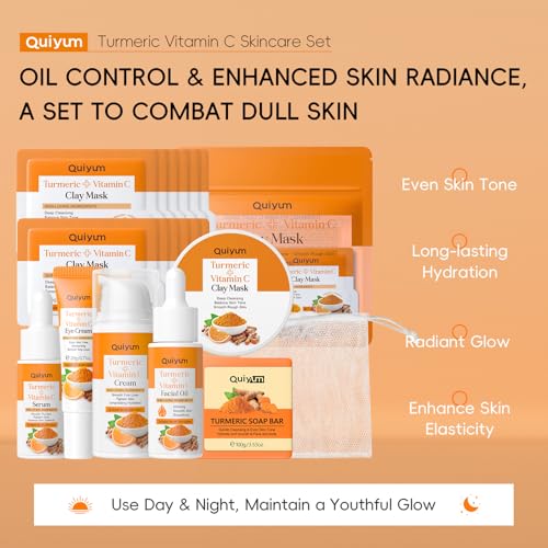 Skin Care Set, Turmeric Vitamin C Beauty Gift Sets, Skincare Kit with Serum, Eye Cream, Cream, 2 Type Mud Mask, Soap, Facial Oil Travel Kit for Women, Improve Dark Spot, Reduce Acne