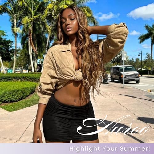 Honey Blonde Highlight 3 Bundles with 13x6 Frontal Human Hair 16 18 20+14 Inch, 12A Thick Track Body Wave Bundles With HD Lace Closure Frontal 13x6#P4/27 Brown Ombre Wavy Weave 100% Virgin Hair