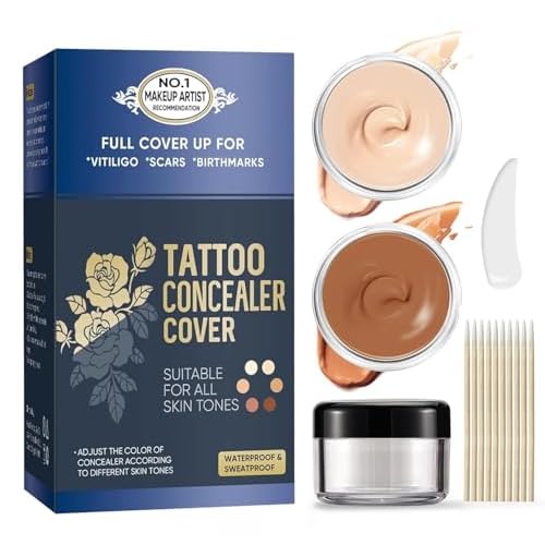 2 Colors Tattoo Cover Up Makeup Waterproof, Sweatproof Tattoo Cover Up Concealer, Long-Lasting for Tattoos, Scars, Spots & Vitiligo, Invisible Skin Concealer